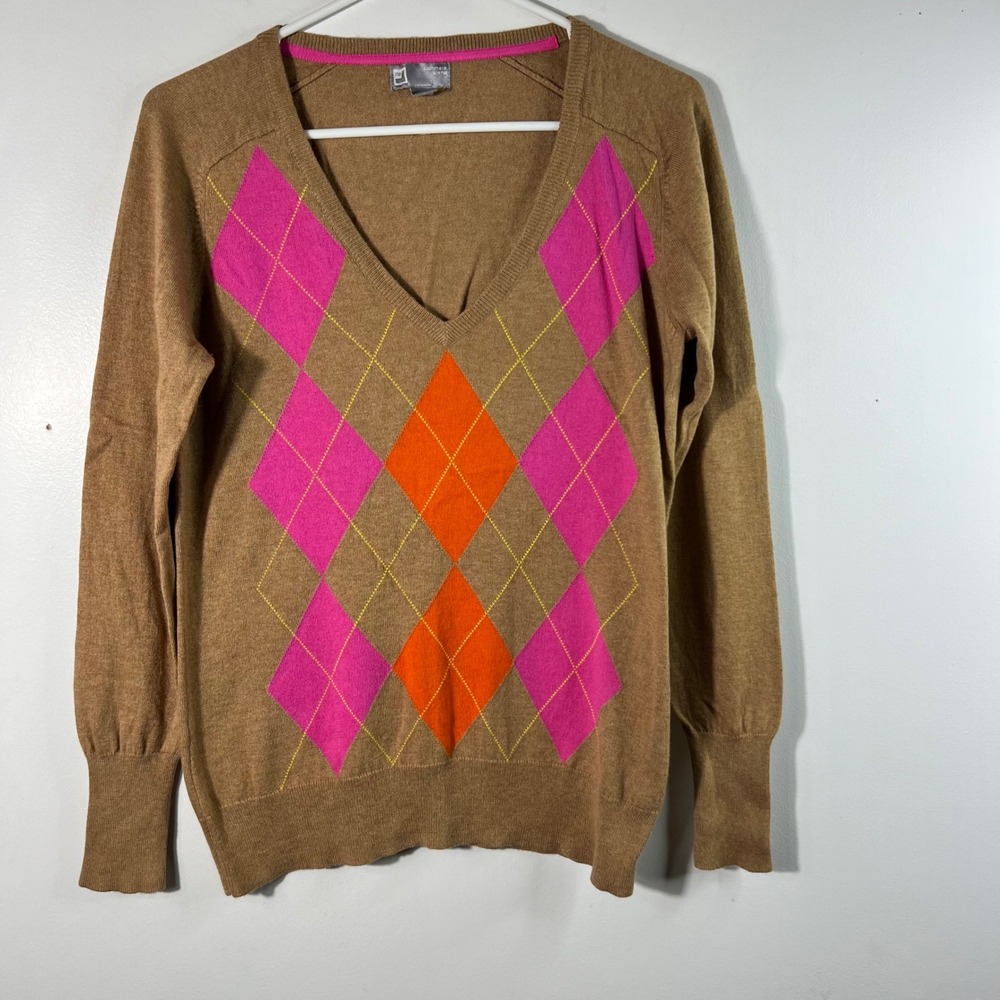 Womens JCP V Neck Cashmere Blend Argyle Sweater Tan Pink Orange L